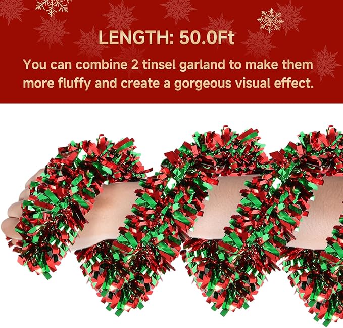 50Ft Christmas Tinsel Garland - Red Green Shiny Metallic Twist Decor for Christmas Tree Home Stairs Railing Front Door Mantle Fireplace Indoor Outdoor Holiday Party