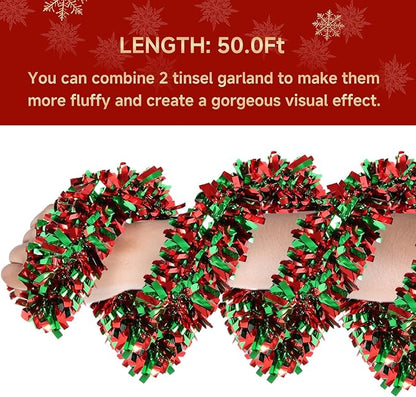 50Ft Christmas Tinsel Garland - Red Green Shiny Metallic Twist Decor for Christmas Tree Home Stairs Railing Front Door Mantle Fireplace Indoor Outdoor Holiday Party