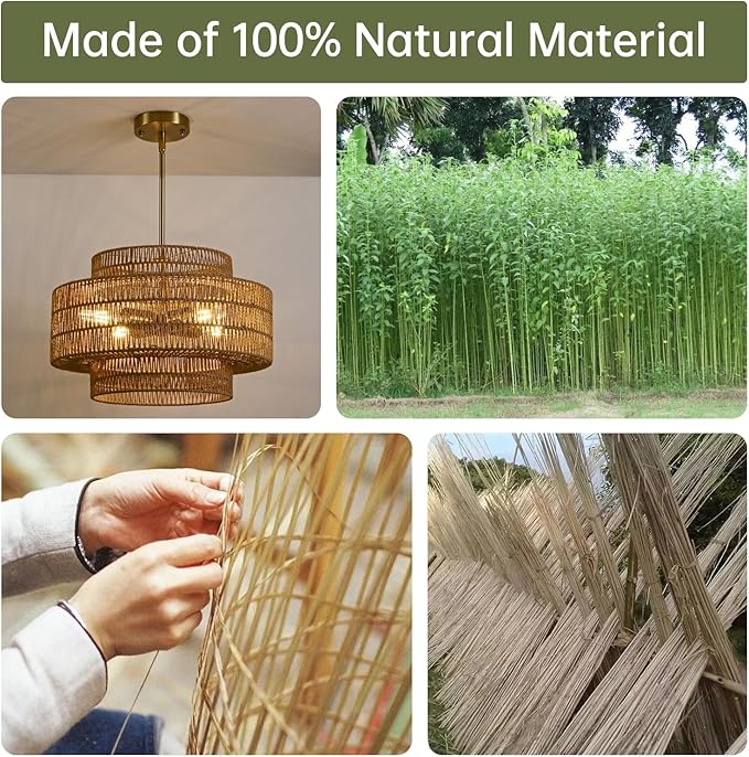 4-Light Boho Rattan Chandelier Light Fixture, 17.7” Hand Woven Rustic Chandeliers Farmhouse Chandelier Hanging Light for Dining Room Kitchen Island, Living Room, Foyer