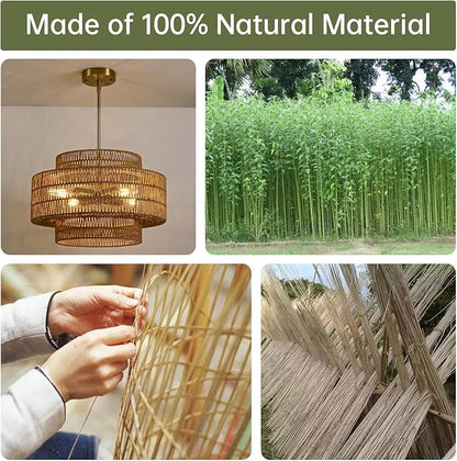 4-Light Boho Rattan Chandelier Light Fixture, 17.7” Hand Woven Rustic Chandeliers Farmhouse Chandelier Hanging Light for Dining Room Kitchen Island, Living Room, Foyer