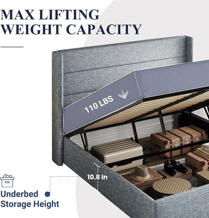 Allewie Queen Size Lift Up Storage Bed, Modern Wingback Headboard, Hydraulic Support, No Box Spring Needed, Grey Blue