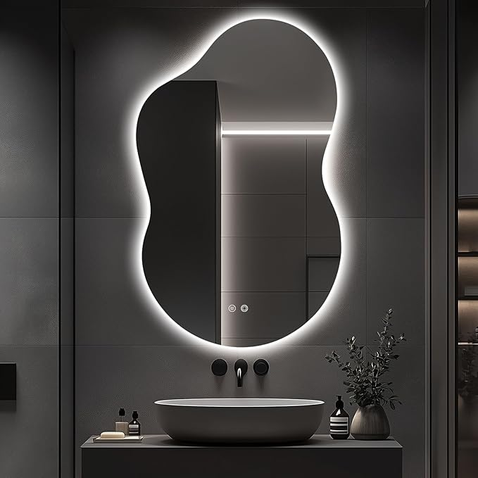 48"x30" Irregular LED Lighted Vanity Mirror for Bathroom, Front and Backlit, Anti-Fog, 3-Color Dimmable Lighting, Wall Mount [Horizontal/Vertical]