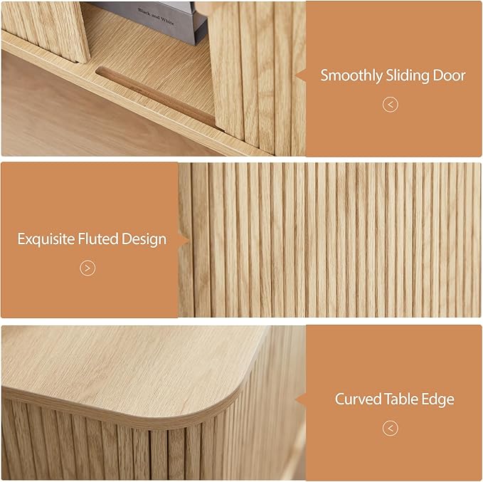 Nightstands Set of 2, 24 Inch Mid-Century Fluted EndTable with Charging Station, Farmhouse Wood Side Table with Storage & Sliding Door (2XSquare, Natural)