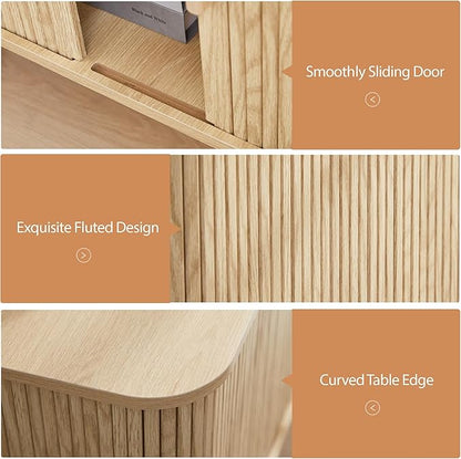 End Table with Charging Station, 24" Fluted Night Stands with Sliding Door, Farmhouse Large Wooden Side Table with Storage for Bedroom Living (Square, Natural)