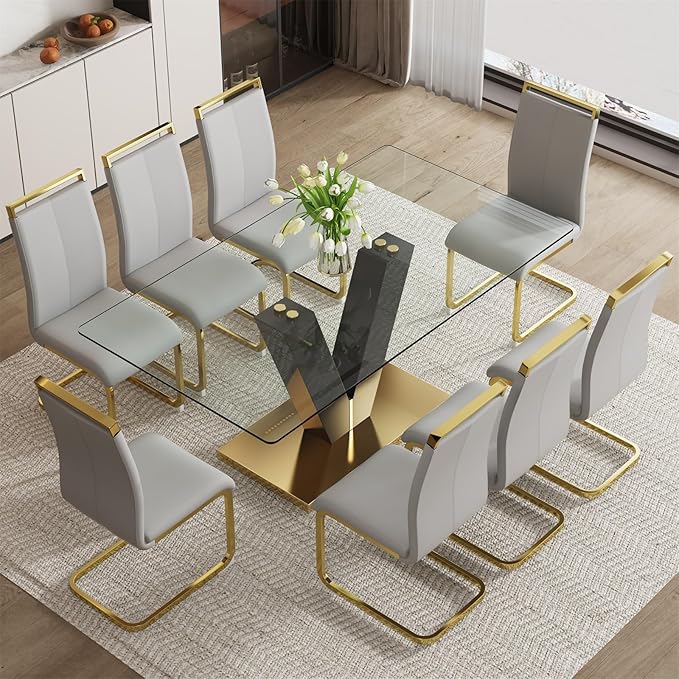 Glass Dining Table Set for 8, 71" Modern Dining Table Set for 8, Dining Tables and 8 PU Chairs, Dining Room Table Set for 8 for Home