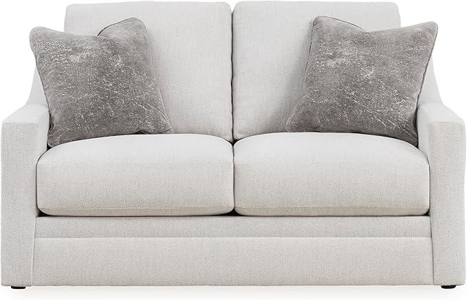Signature Design by Ashley Maitelynn Contemporary Loveseat with Accent Pillows, Reversible Cushions and Sloped Arms, Light Gray