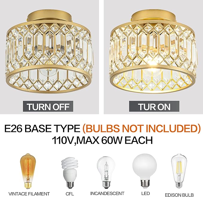 Crystal Ceiling Light, Modern Semi Flush Mount Ceiling Light, Gold Crystal for Kitchen Bedroom Bathroom Entryway (Bulb not Included)