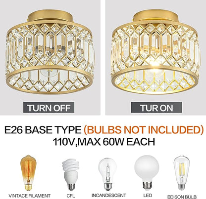 Crystal Ceiling Light, Modern Semi Flush Mount Ceiling Light, Gold Crystal for Kitchen Bedroom Bathroom Entryway (Bulb not Included)