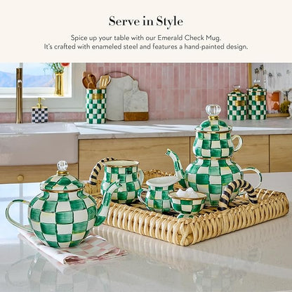 MACKENZIE-CHILDS Enamel Mug, Cute Enamelware Tea or Coffee Mug, 16 Ounces, Green-and-White Emerald Check