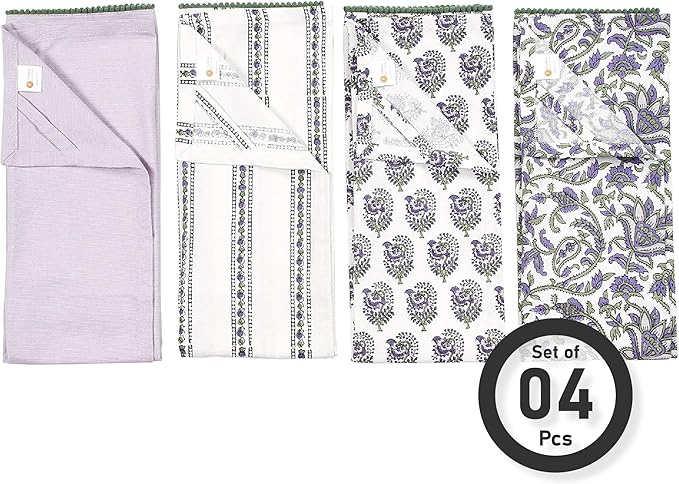 TARAN LIVING Printed Kitchen Dish Bar and Tea Towels Cotton, 18x28 inch with Trims, Cotton Dish Towel Sets (White & Purple, Set of 4)