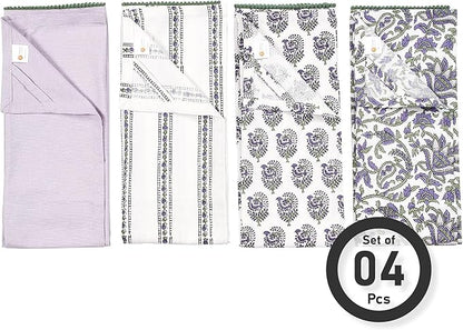 TARAN LIVING Printed Kitchen Dish Bar and Tea Towels Cotton, 18x28 inch with Trims, Cotton Dish Towel Sets (White & Purple, Set of 4)