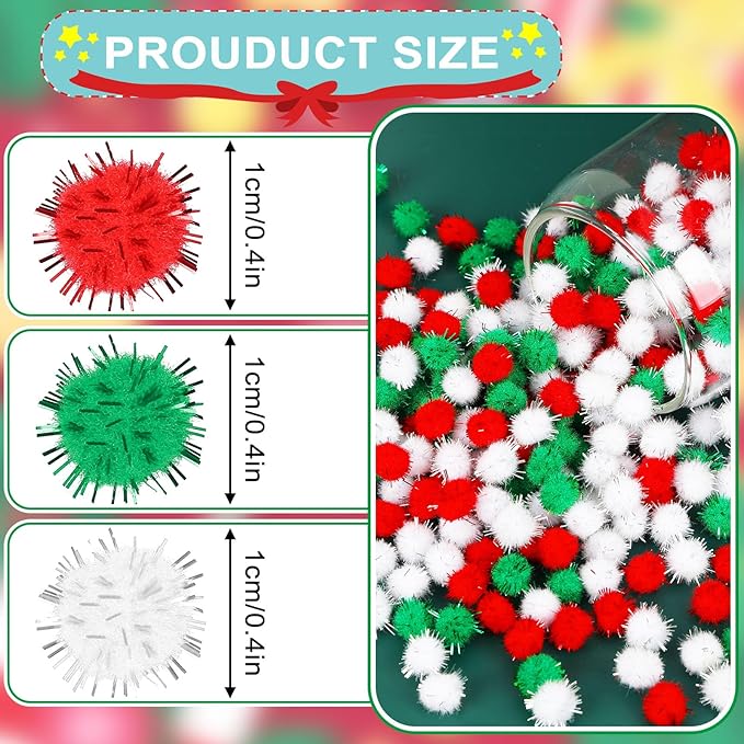 SEPGLITTER Christmas Pom Poms Balls, 1000 Pieces Red Green White Glitter Pompoms Pom Poms for Crafts Making DIY Holiday Christmas Decorations Supplies (3 Colors, 1 cm )