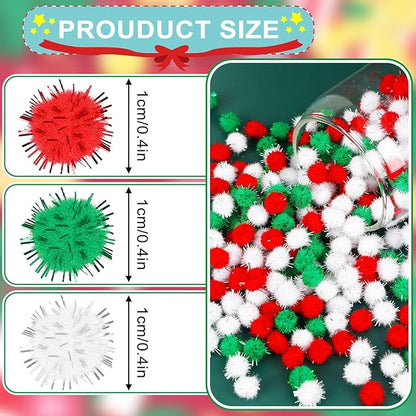 SEPGLITTER Christmas Pom Poms Balls, 1000 Pieces Red Green White Glitter Pompoms Pom Poms for Crafts Making DIY Holiday Christmas Decorations Supplies (3 Colors, 1 cm )