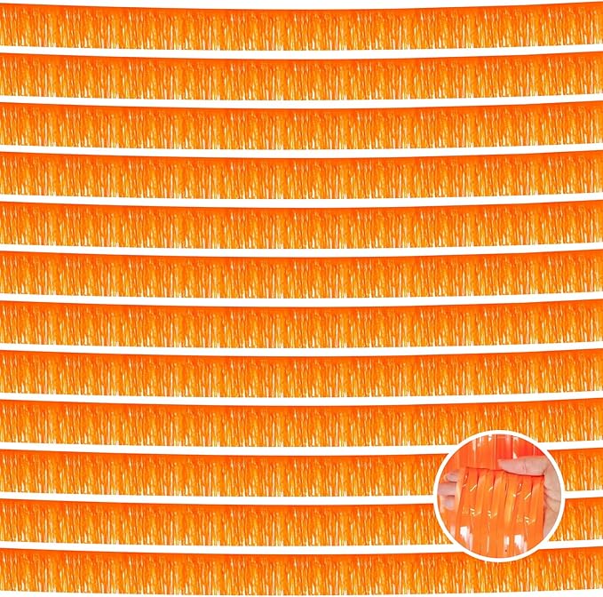 12 Pack 10 Feet Metallic Foil Fringe Garland Tinsel Streamers Banner, Macaron Orange Wall Hanging Tinsel Fringe Banners for Parade Floats, Wedding, Birthday, Christmas, New Year Party Decorations
