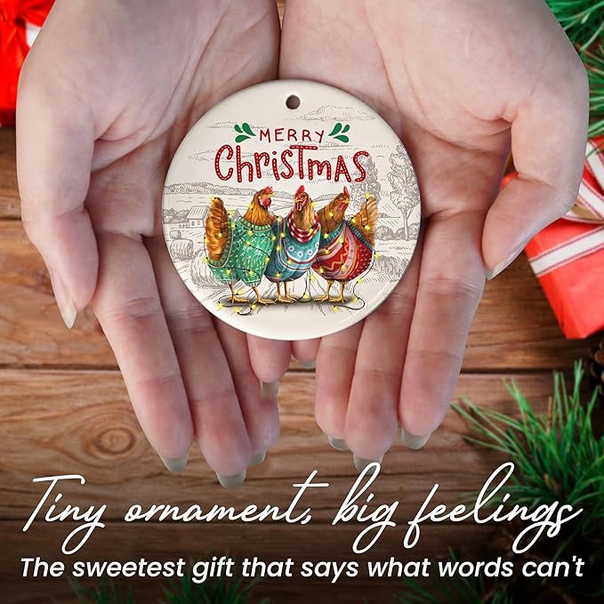 OASSIE Chicken Ornaments for Christmas Tree - Ceramic Christmas Ornaments 2025 - Chicken Ornaments for Xmas Tree, Rustic Home Decor, Rooster Gifts for Women Men Family Friends