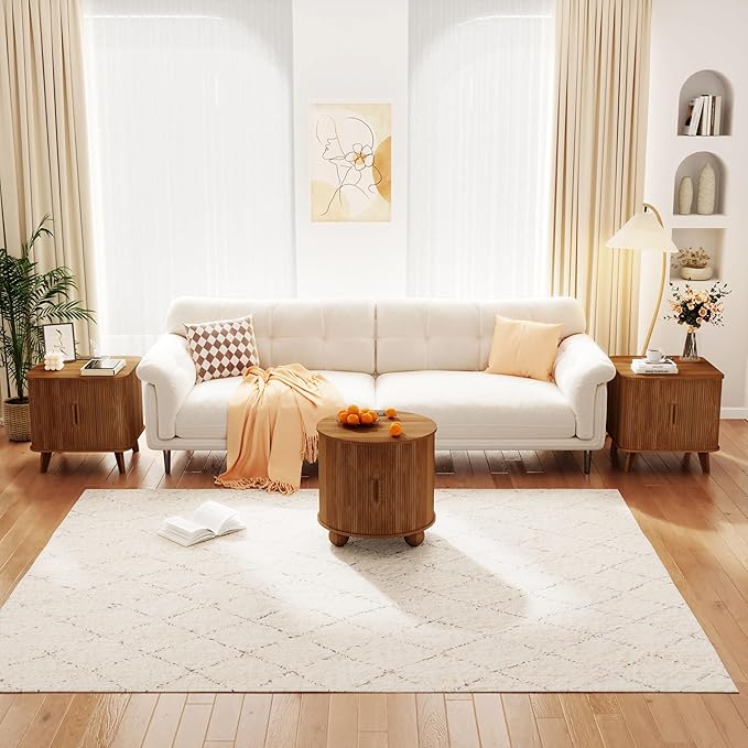 24" End Table with Charging Station, Farmhouse Round Fluted Wood Night Stand, Mid-Century Large Side Table with Storage & Sliding Door for Living Room, Bedroom (Round, Walnut)