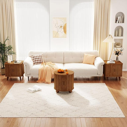 24" End Table with Charging Station, Farmhouse Round Fluted Wood Night Stand, Mid-Century Large Side Table with Storage & Sliding Door for Living Room, Bedroom (Round, Walnut)