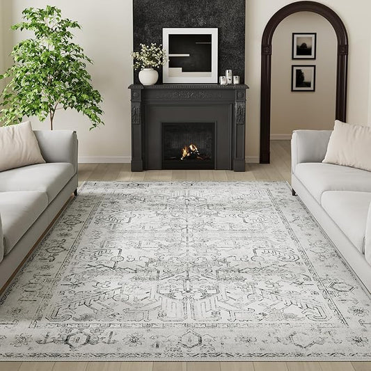 jinchan Vintage Floral Washable Area Rug 9x12 Non-Slip Low Pile Carpet, Blue