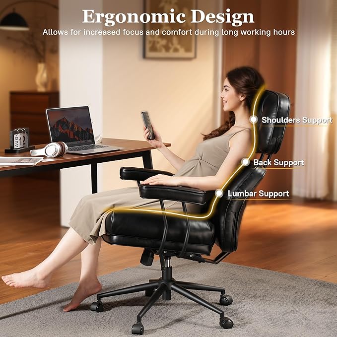 Mid Century Modren Big and Tall Office Chair,Large Ergonomic Executive Chair for Heavy Duty People, Desk Task Chair with Wheels, Faux Lether Fabric Wide Chair for Home Sturdy,Black