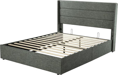 Allewie Full Size Lift Up Storage Bed, Modern Wingback Headboard, Hydraulic Support, No Box Spring Needed, Dark Grey