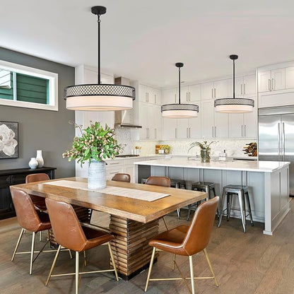 21.5" Drum Black Chandelier for Dining Room 5-Light Modern Farmhouse Chandeliers White Fabric Drum Pendant Light Fixture Large Hanging Lighting for Living Room Bedroom Kitchen Foyer Over Table, E26