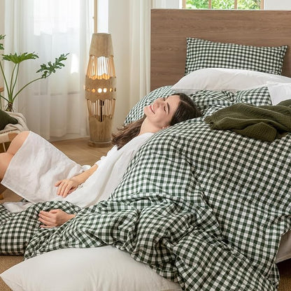 MooMee Gingham Duvet Cover Set 100% Washed Cotton Linen Like Textured Breathable Durable Soft Comfy Modern Checkered Design (Forest Green Gingham, King 104"x90")