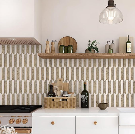 Vamos Tile Peel and Stick Backsplash Seamless Tile,10 Sheets Stick on Backsplash for Kitchen & Bathroom,Coffee Brown+Matt Pure White Marble Look+Brown Gold Metal Self Adhesive Backsplash Tile