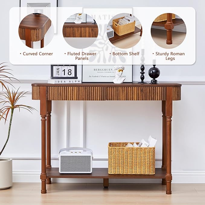 43.3'' Fluted Console Table for Entryway, Narrow Entryway Tables with 2 Wooden Drawers, Retro Sofa Table Behind Couch Accent Tables for Foyer, Living Room, Hallway (Walnut)