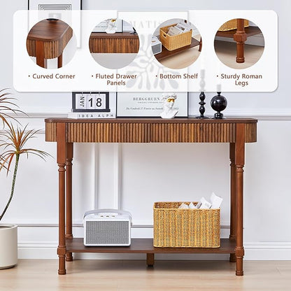 43.3'' Fluted Console Table for Entryway, Narrow Entryway Tables with 2 Wooden Drawers, Retro Sofa Table Behind Couch Accent Tables for Foyer, Living Room, Hallway (Walnut)