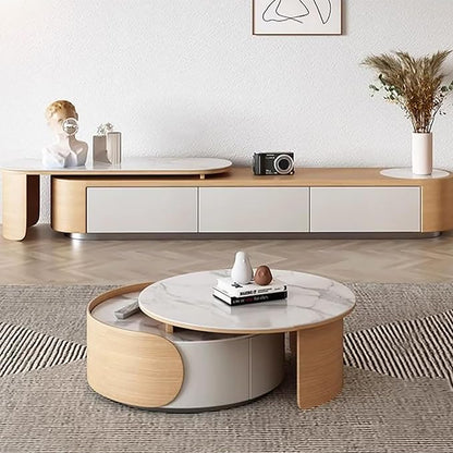 31.5'' Round Coffee Table, Modern Nesting Coffee Table with Storage Drawer, White Sintered Stone Coffee Table Wood Coffee Table for Living Room, Office
