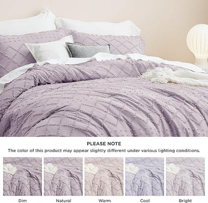 Bedsure Queen Comforter Set - Lavender Comforter, Boho Tufted Shabby Chic Bedding for Kids, 3 Pieces Vintage Farmhouse Bed Set for All Seasons, Fluffy Soft Bedding with 2 Pillow Shams