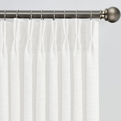 White Linen Pinch Pleated Semi Sheer Curtains 2 Panels 140 Inches Long, Back Tab with Hooks, Window Treatment Curtains for Living Room 42 Inch Wide