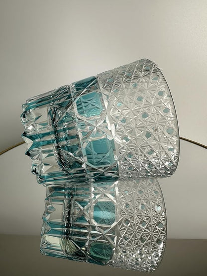 Hand Cut Whiskey Glass Japanese Style Edo Kiriko Inspired Sea Aquamarine Fluorite Tumbler 10oz Lead Free Blown Glass, Blue Design