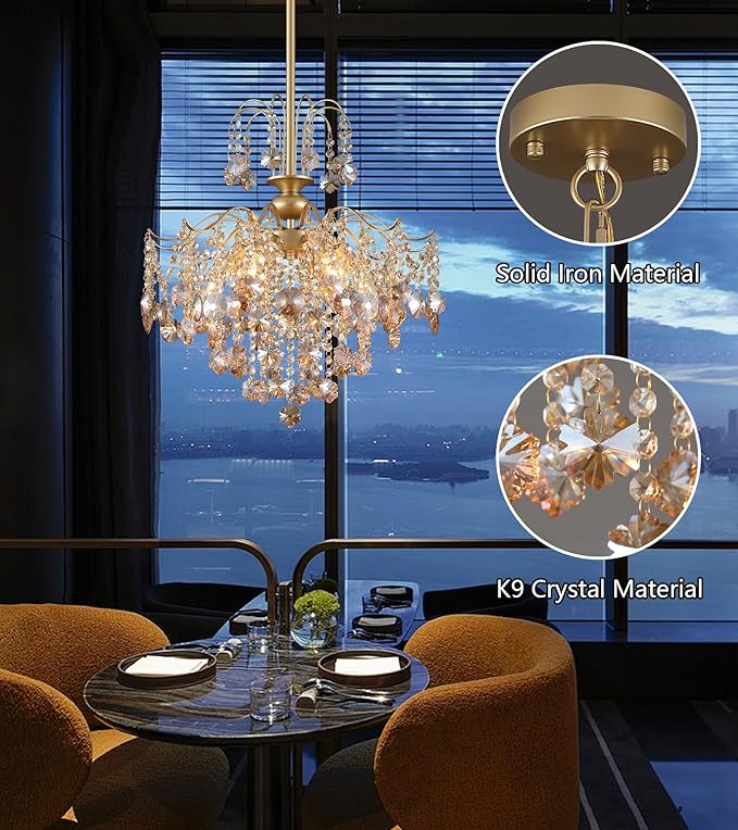 Q&S Modern Gold Crystal Chandelier Amber Crystal Pendant Light 6 Lights for Bedroom Dining Room Entryway Hallway Office Bathroom UL Listed