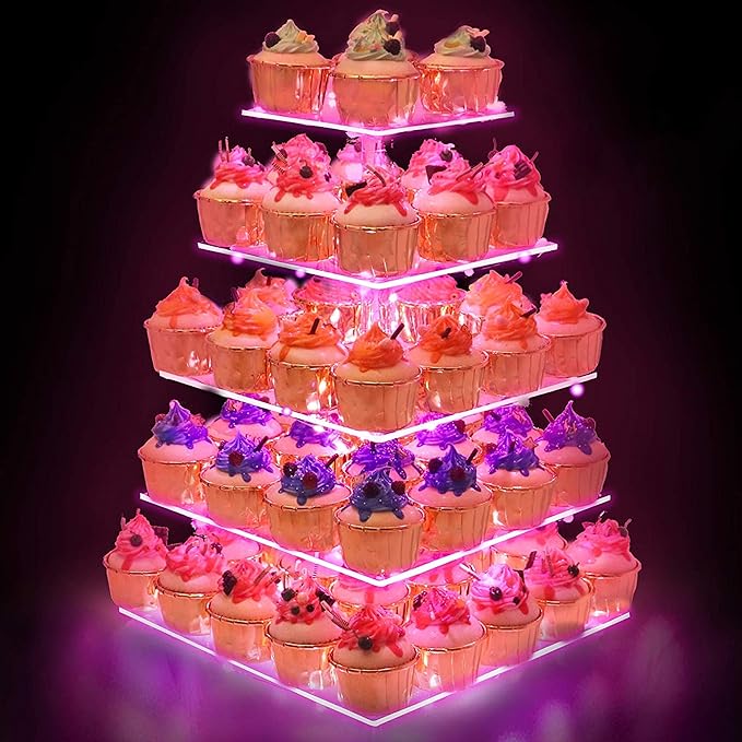 YestBuy Cupcake Stand – 5 Tier Premium Cupcake Holder – Acrylic Cupcake Tower Display – Cady Bar Party Décor –Acrylic Display for Pastry + LED Light String – Ideal for Weddings, Birthday (Pink)