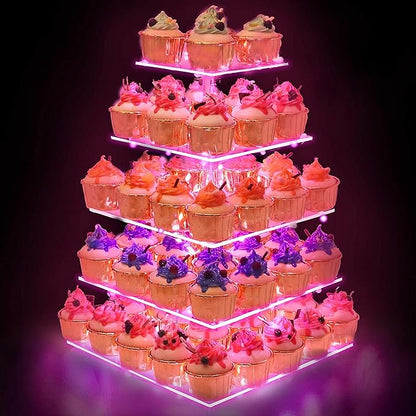 YestBuy Cupcake Stand – 5 Tier Premium Cupcake Holder – Acrylic Cupcake Tower Display – Cady Bar Party Décor –Acrylic Display for Pastry + LED Light String – Ideal for Weddings, Birthday (Pink)