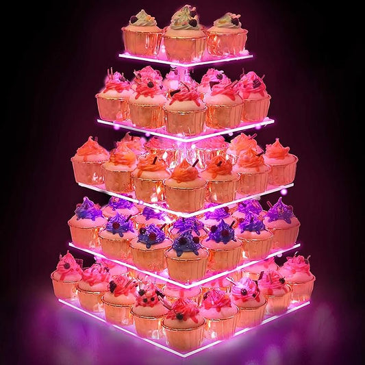 YestBuy Cupcake Stand – 5 Tier Premium Cupcake Holder – Acrylic Cupcake Tower Display – Cady Bar Party Décor –Acrylic Display for Pastry + LED Light String – Ideal for Weddings, Birthday (Pink)