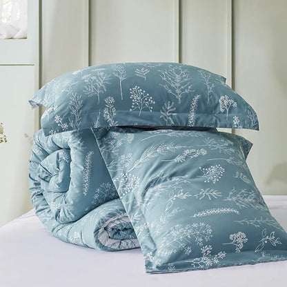 Bedsure King Comforter Set - Mineral Blue Bed Set, 3 Pieces Cute Floral Bedding, 1 Soft Reversible Botanical Flowers Comforter and 2 Pillow Shams