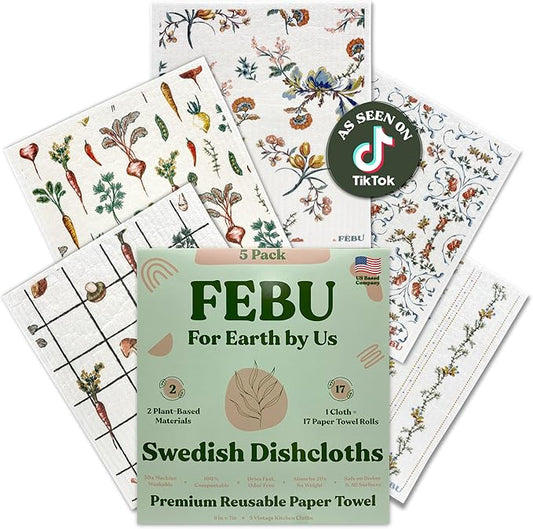 FEBU Swedish Dish Cloths 5 Pack Vintage Reusable Washable Kitchen Dish Towels