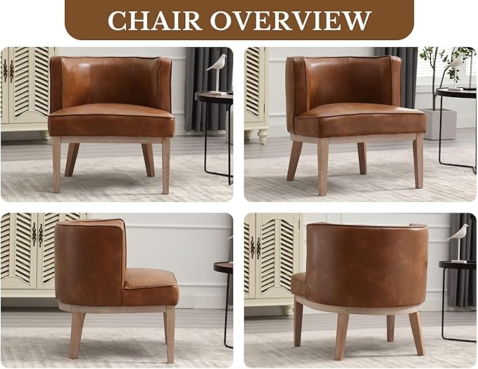 Barrel Chairs Set of 2 Mid Century Modern Accent Chairs with Solid Wood Leg Upholstered Reading Arm Chair Faux Leather Waiting Room Round Side Chairs for Small Spaces Living Room Bedroom Office, Brown