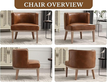 Barrel Chairs Set of 2 Mid Century Modern Accent Chairs with Solid Wood Leg Upholstered Reading Arm Chair Faux Leather Waiting Room Round Side Chairs for Small Spaces Living Room Bedroom Office, Brown