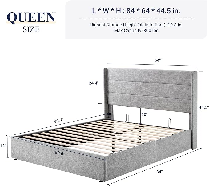 Allewie Queen Size Lift Up Storage Bed, Modern Wingback Headboard, Hydraulic Support, No Box Spring Needed, Light Grey