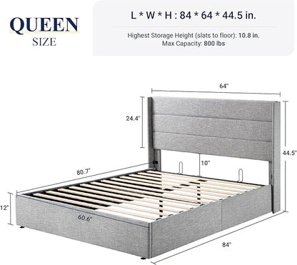 Allewie Queen Size Lift Up Storage Bed, Modern Wingback Headboard, Hydraulic Support, No Box Spring Needed, Light Grey