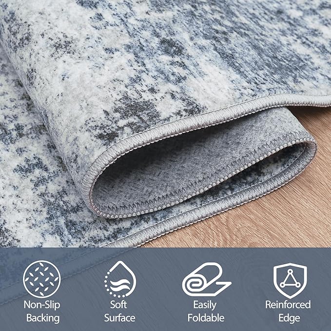 4x6 Area Rugs for Living Room Rug Washable: Abstract Rug for Dining Room Bedroom Carpet Non Slip 4 by 6 Indoor Modern Nursery Home Office Blue Grey