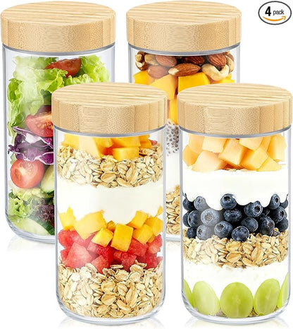 DRKIO 24 Oz Overnight Oats Containers with Bamboo Lids - 4 Pack Glass Storage Jars with Airtight Lids Wide Mouth Mason Food Jars Great for Meal Prep Salad Chia Pudding Snacks Yogurt Sugar Spice