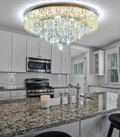 23.6'' Modern Crystal Chandeliers LED Dimmable Flush Mount Ceiling Chandeliers for Living Room Entrance Foyer Bedroom Gold