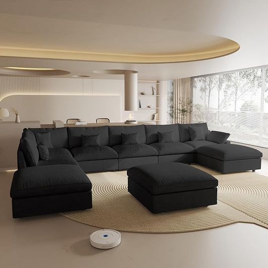 Cloud Couch for LivingRoom,190" U Shaped Modular Sectional Couch with Storage Ottoman,Down Filled 9 Seater Convertible Sleeper Sofa Bed Oversized Furniture,Black