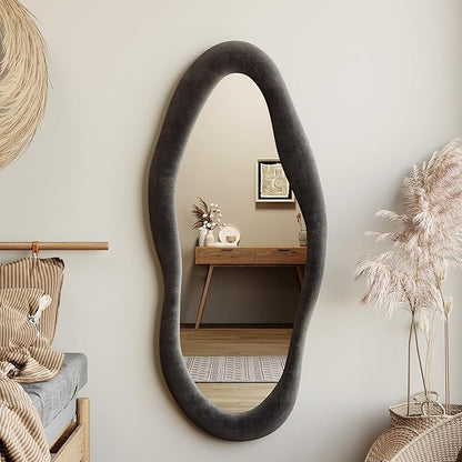 Honyee 55" x 24" Wall Mirror, Flannel Wrapped Wooden Frame Wavy Mirror, Irregular Mirror Hanging for Cloakroom/Bedroom/Living Room, Black