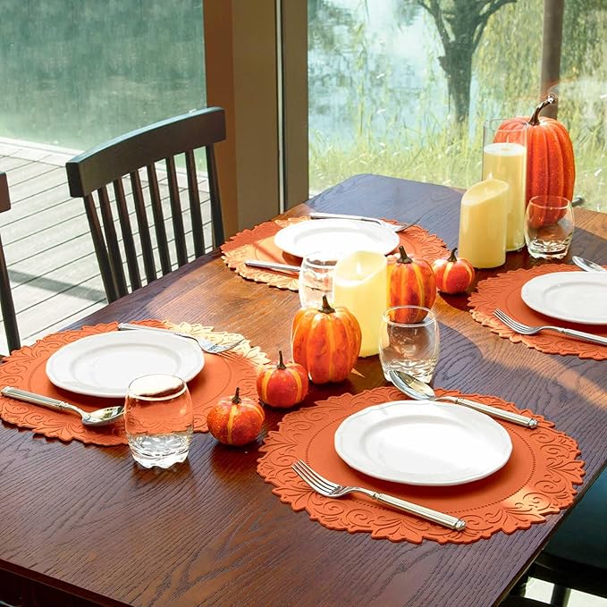 Noctiflorous Round Faux Leather 15 Inch Placemats Set of 4 Waterproof Wipeable Heat Resistant Tablemat for Dining Table Kitchen Non Slip Washable Oilproof Table Place Mat(Pumpkin Orange, 4)