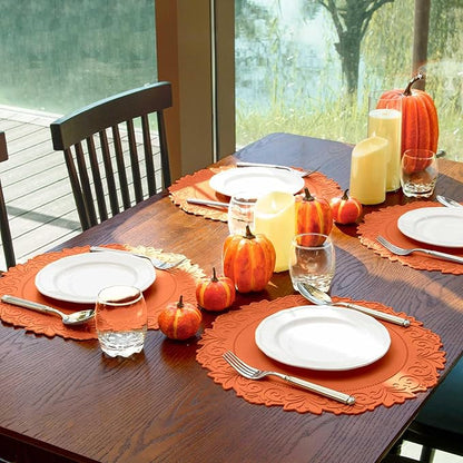 Noctiflorous Round Faux Leather 15 Inch Placemats Set of 4 Waterproof Wipeable Heat Resistant Tablemat for Dining Table Kitchen Non Slip Washable Oilproof Table Place Mat(Pumpkin Orange, 4)